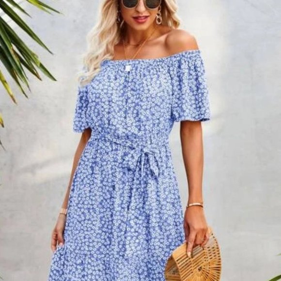 Floral off shoulder ruffle maxi dress BLUE - Picture 5 of 7